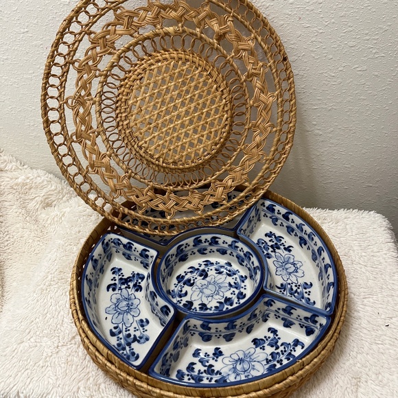 5 Piece Ceramic Crudité Set in Wicker Basket - Picture 2 of 14